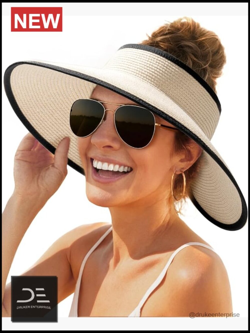Wide Brim Straw Sun Hat with UPF 80+ Protection, Foldable, Ponytail Opening,